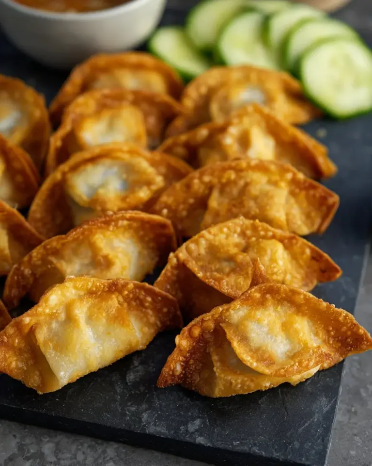 Golden air fryer wontons served on a plate, ready to enjoy.