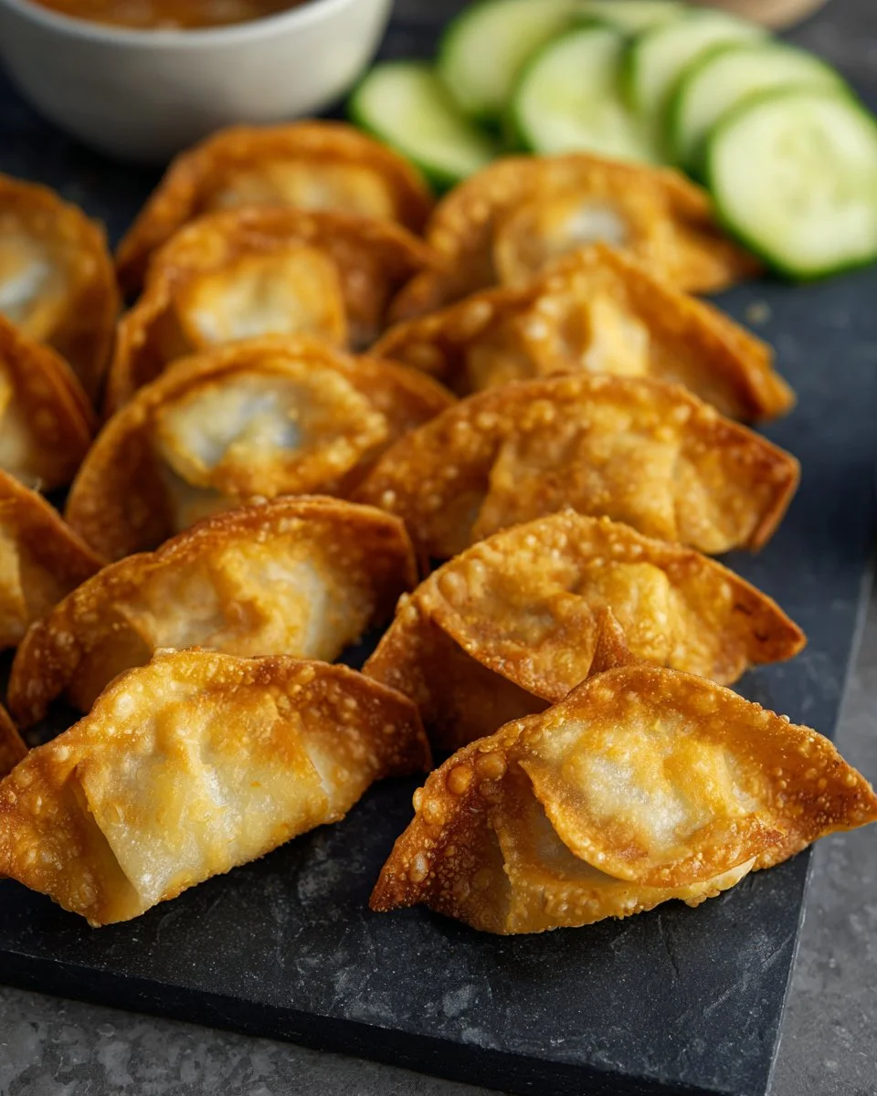 Golden air fryer wontons served on a plate, ready to enjoy.