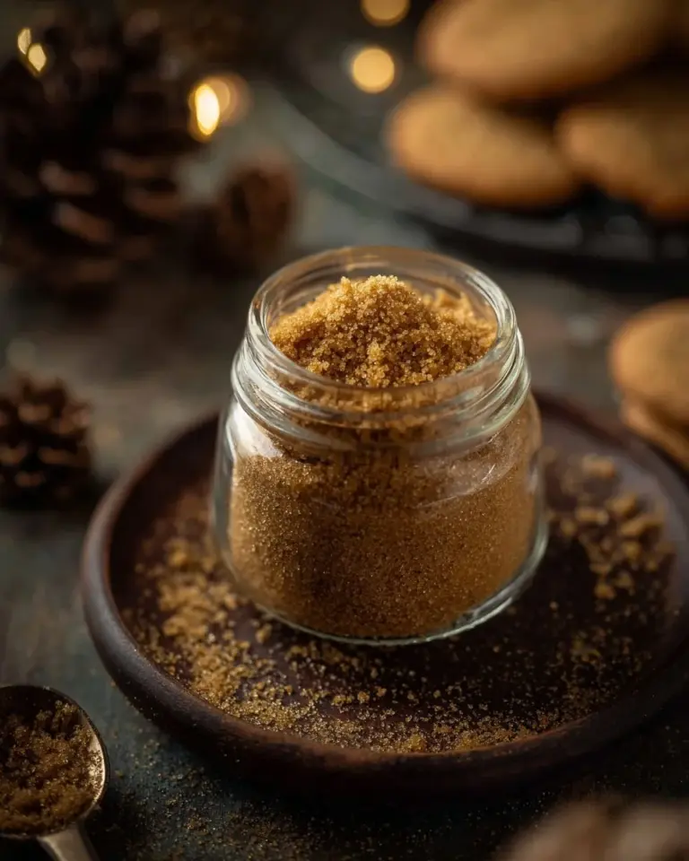 A jar of Amanda’s Gingerbread Spice Mix with festive decorations.