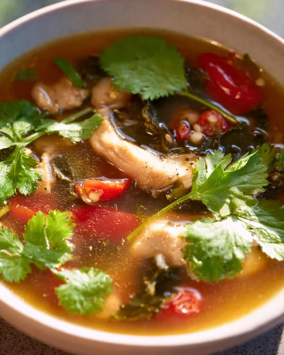 Bowl of authentic Thai Tom Yum Soup with chicken and fresh herbs