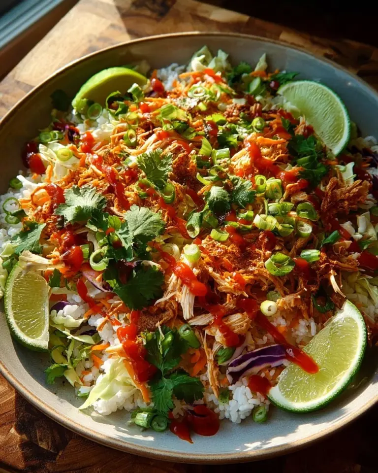 Bang Bang Chicken Crispy Rice Salad garnished with fresh vegetables