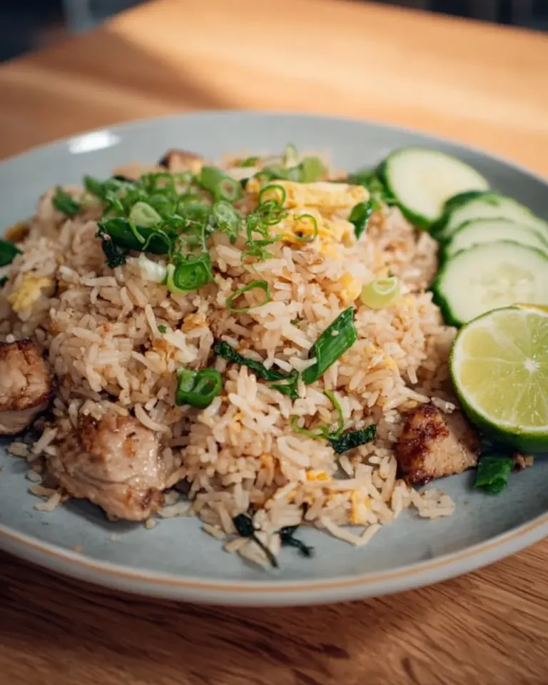 Plate of Basic Thai Fried Rice with leftover roast and vegetables.