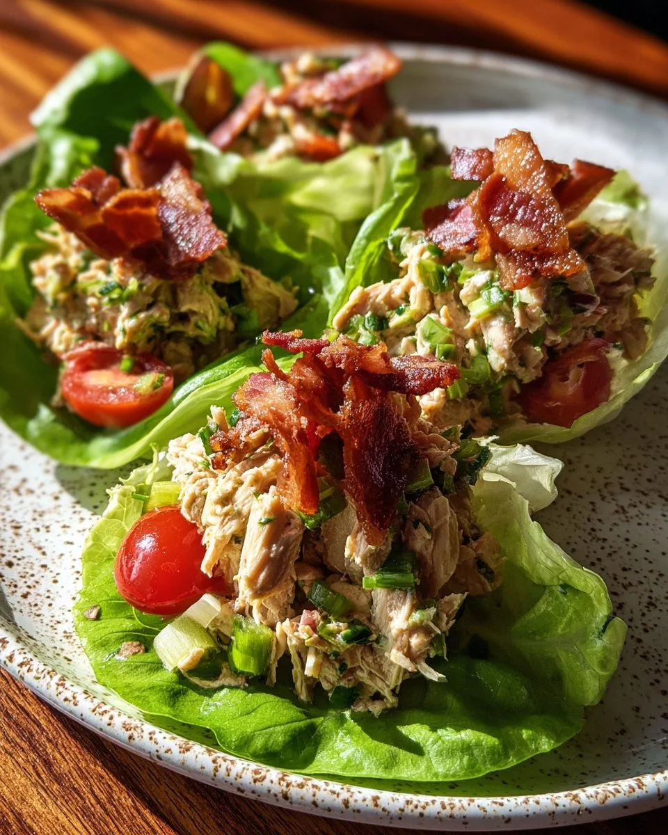 Delicious BLT Chicken Salad Lettuce Wraps served on a plate.