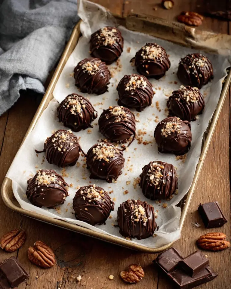 Homemade Bourbon Balls with chocolate coating and pecans on a plate