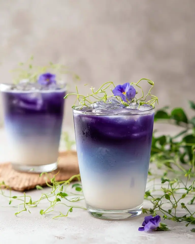 A glass of vibrant blue Butterfly Pea Milk with a floral backdrop