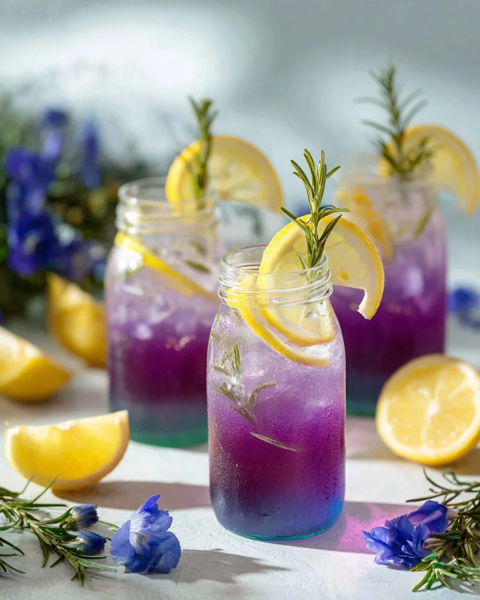 Refreshing Butterfly Pea Tea Lemonade in a glass with lemon slices, vibrant blue hue