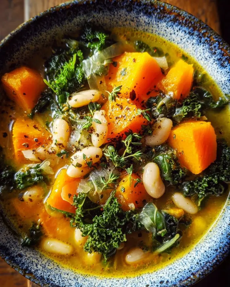 Butternut squash, kale, and white bean soup in a rustic bowl on a wooden table