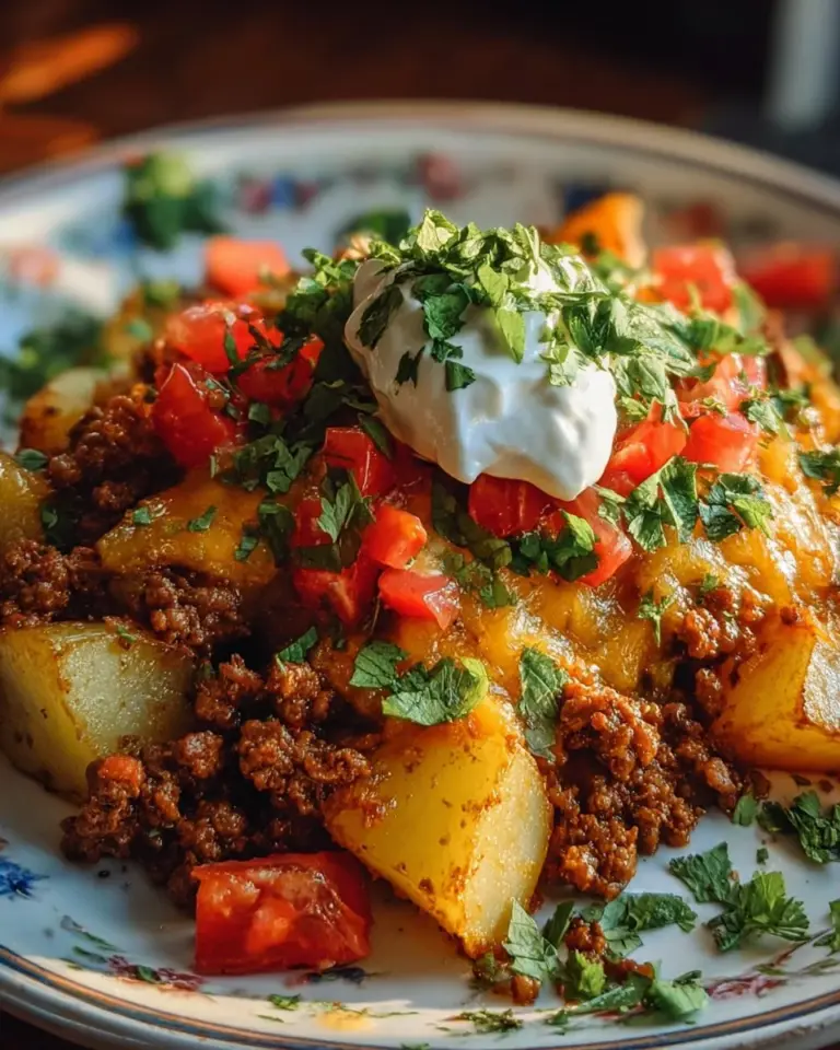 Cheesy Taco Potatoes Bake dish served in a colorful casserole dish