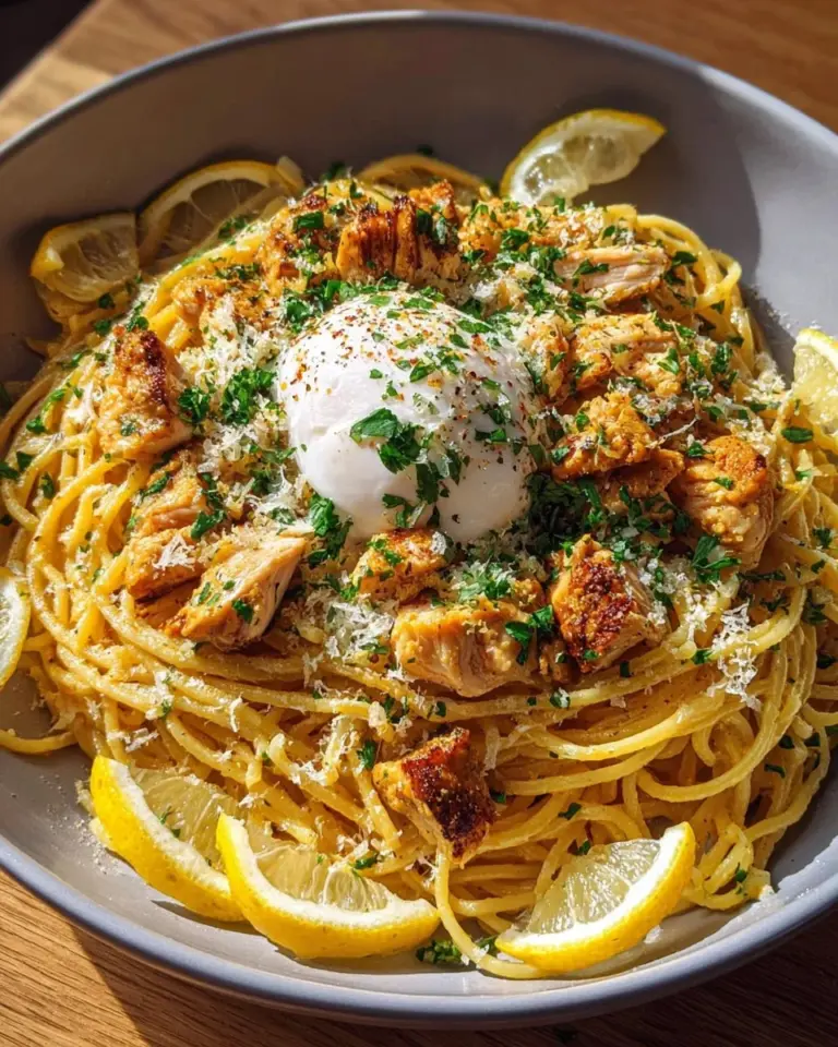 Delicious Chicken Spaghetti topped with Burrata and lemon garlic sauce.