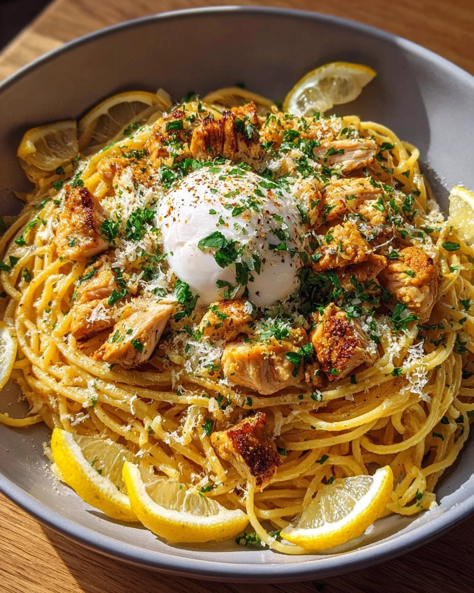Delicious Chicken Spaghetti topped with Burrata and lemon garlic sauce.