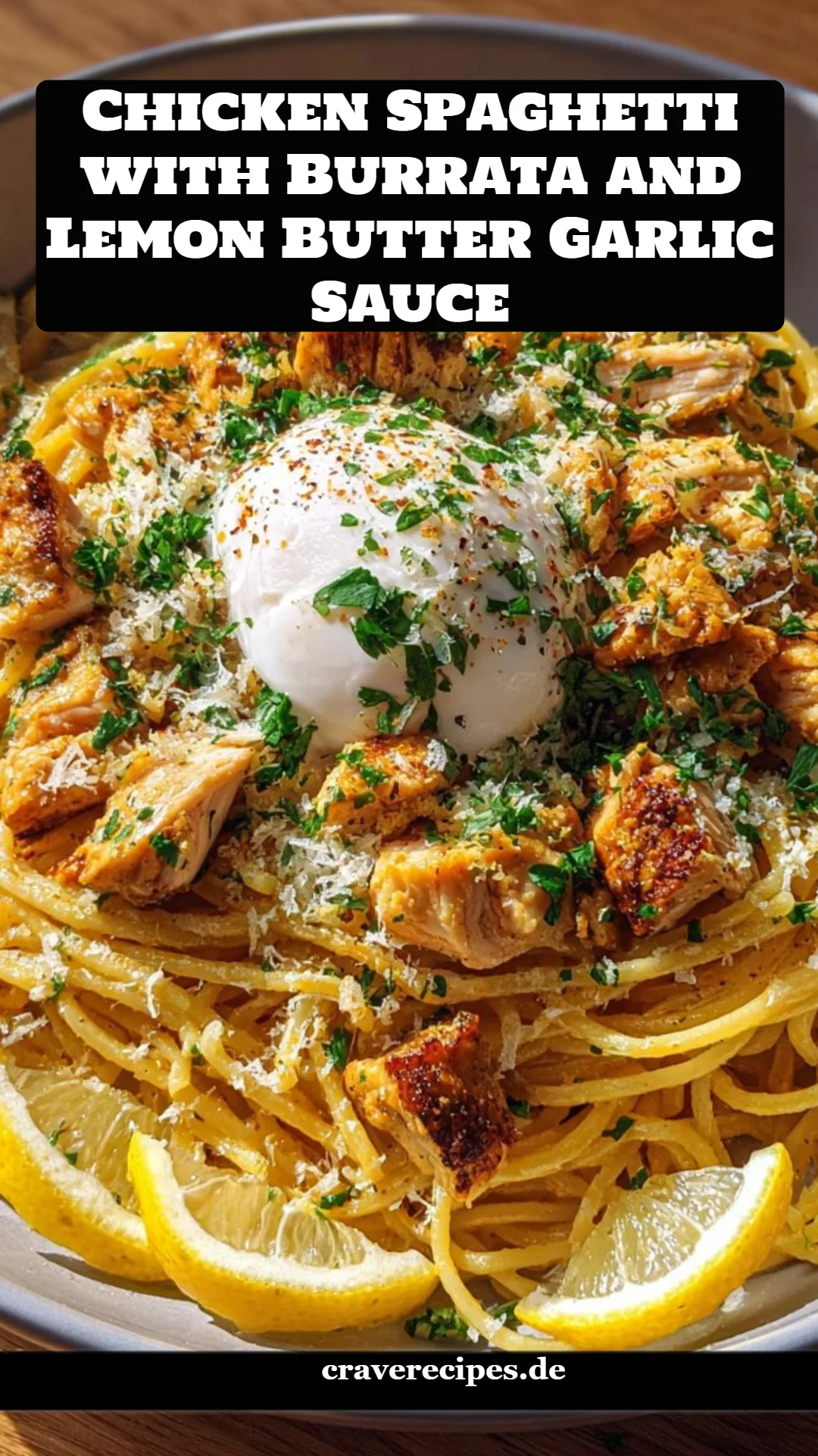 Chicken Spaghetti with Burrata and Lemon Butter Garlic Sauce