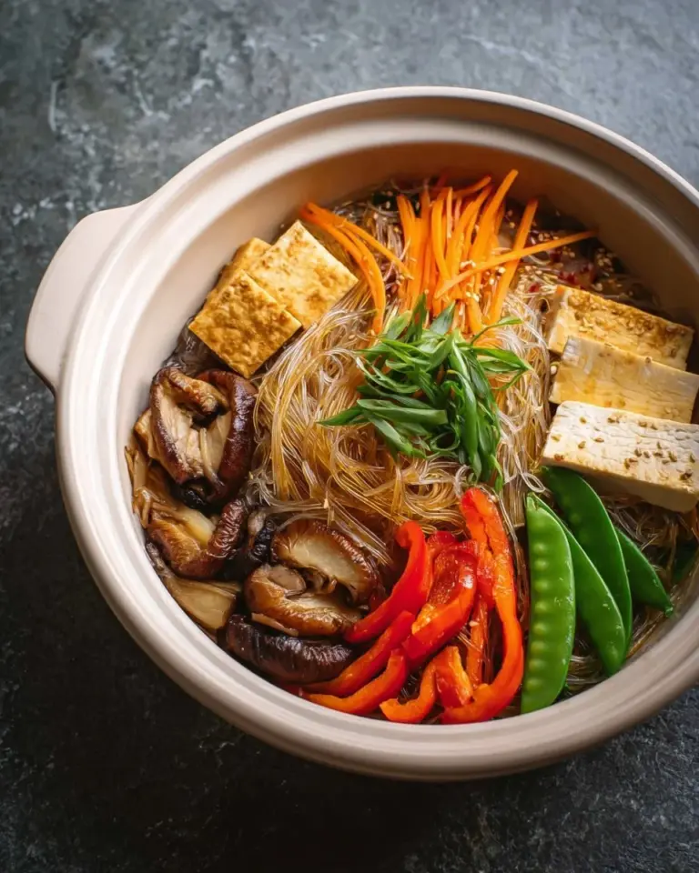 Vegan Claypot Glass Noodles dish served in a rustic pot