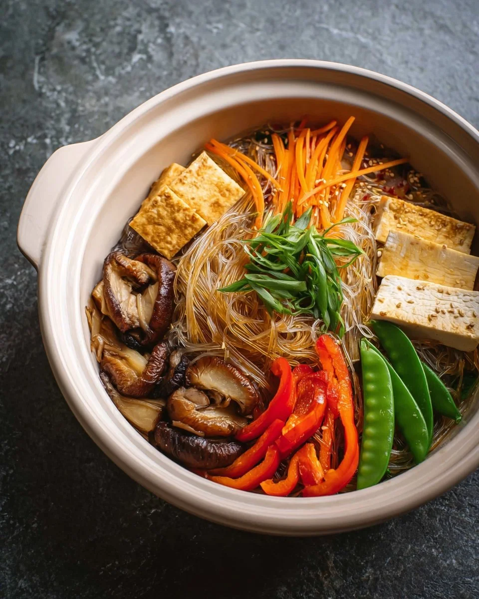 Vegan Claypot Glass Noodles dish served in a rustic pot