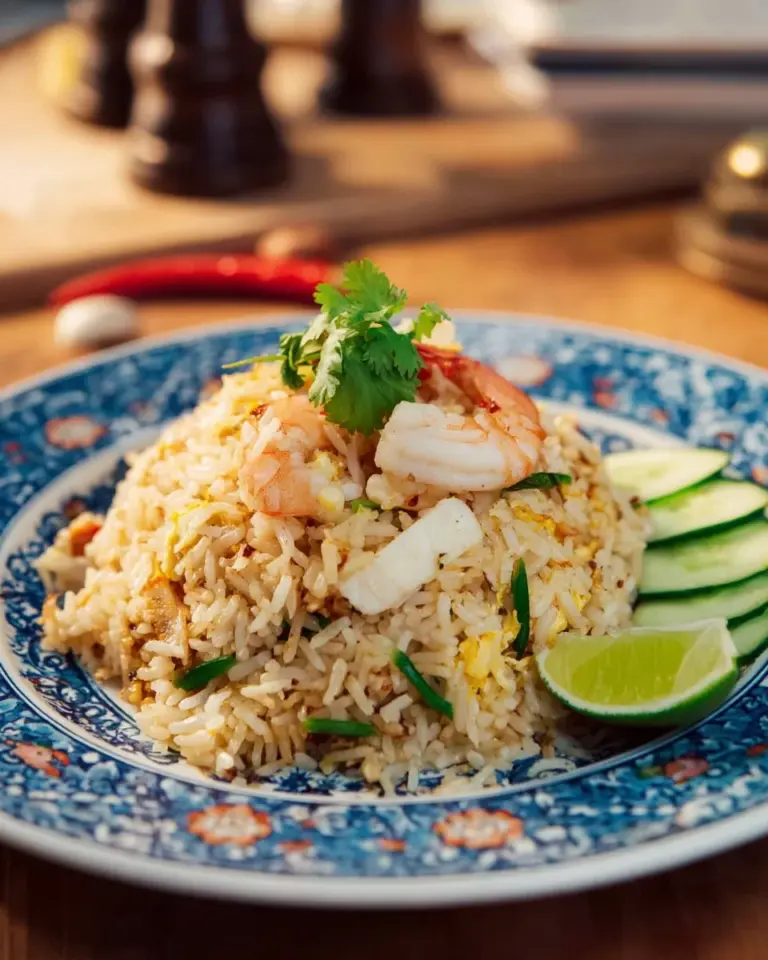 A plate of crab fried rice with vibrant vegetables and succulent crab meat.