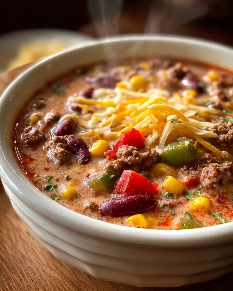 A delicious bowl of Creamy Cowboy Soup topped with fresh herbs and served with bread.