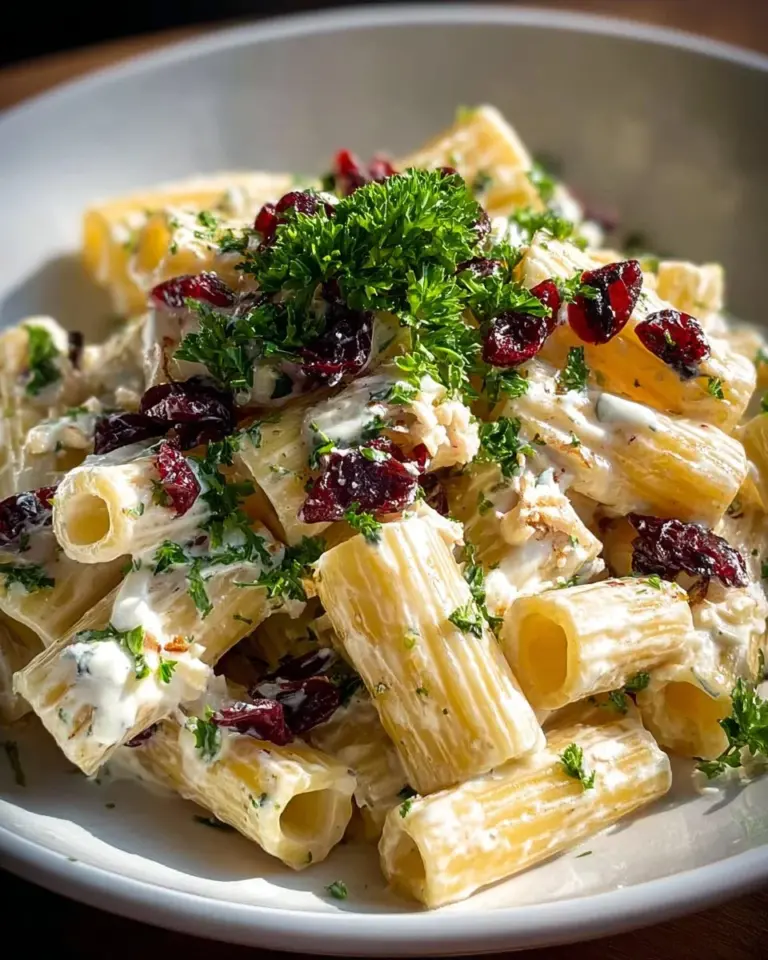Creamy feta cranberry rigatoni salad in a bowl garnished with herbs