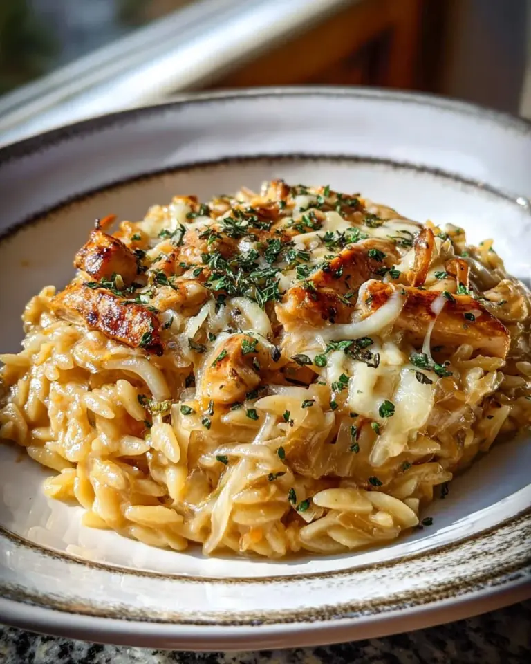 Creamy French Onion Chicken Orzo Casserole baked dish with melted cheese