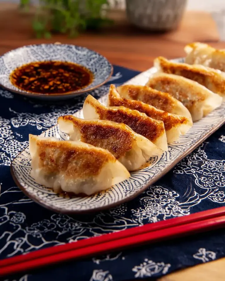 Plate of golden crispy dumplings served with dipping sauce