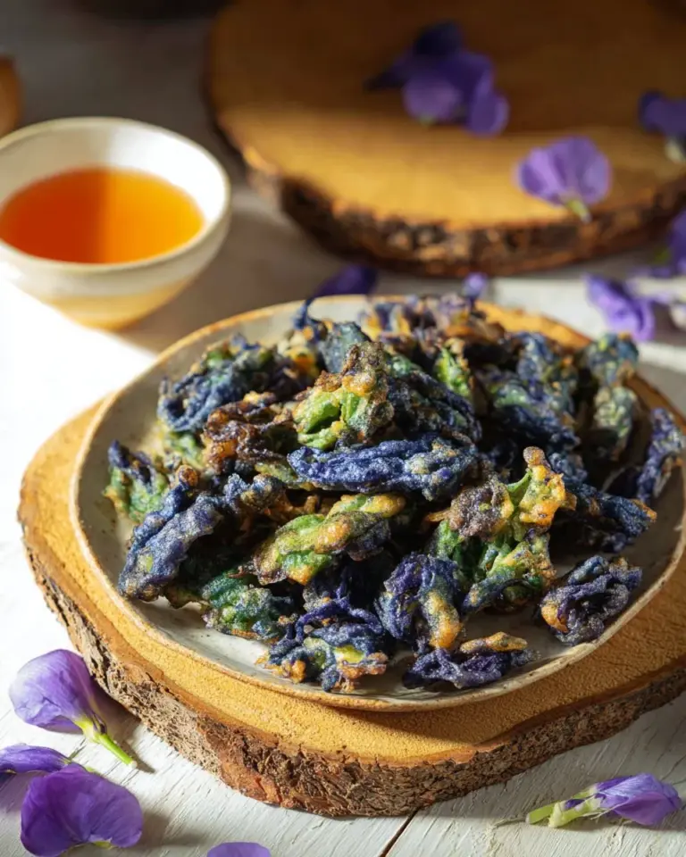Crispy fried butterfly pea flowers served as a colorful and tasty snack