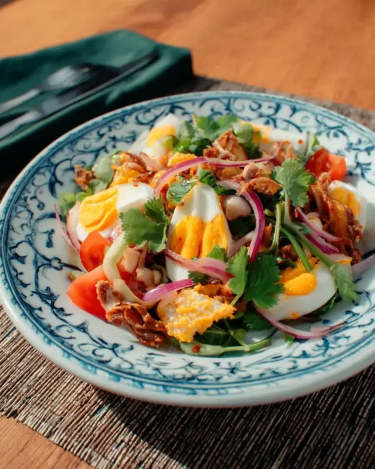 Crispy fried egg salad featuring fresh greens and egg slices.