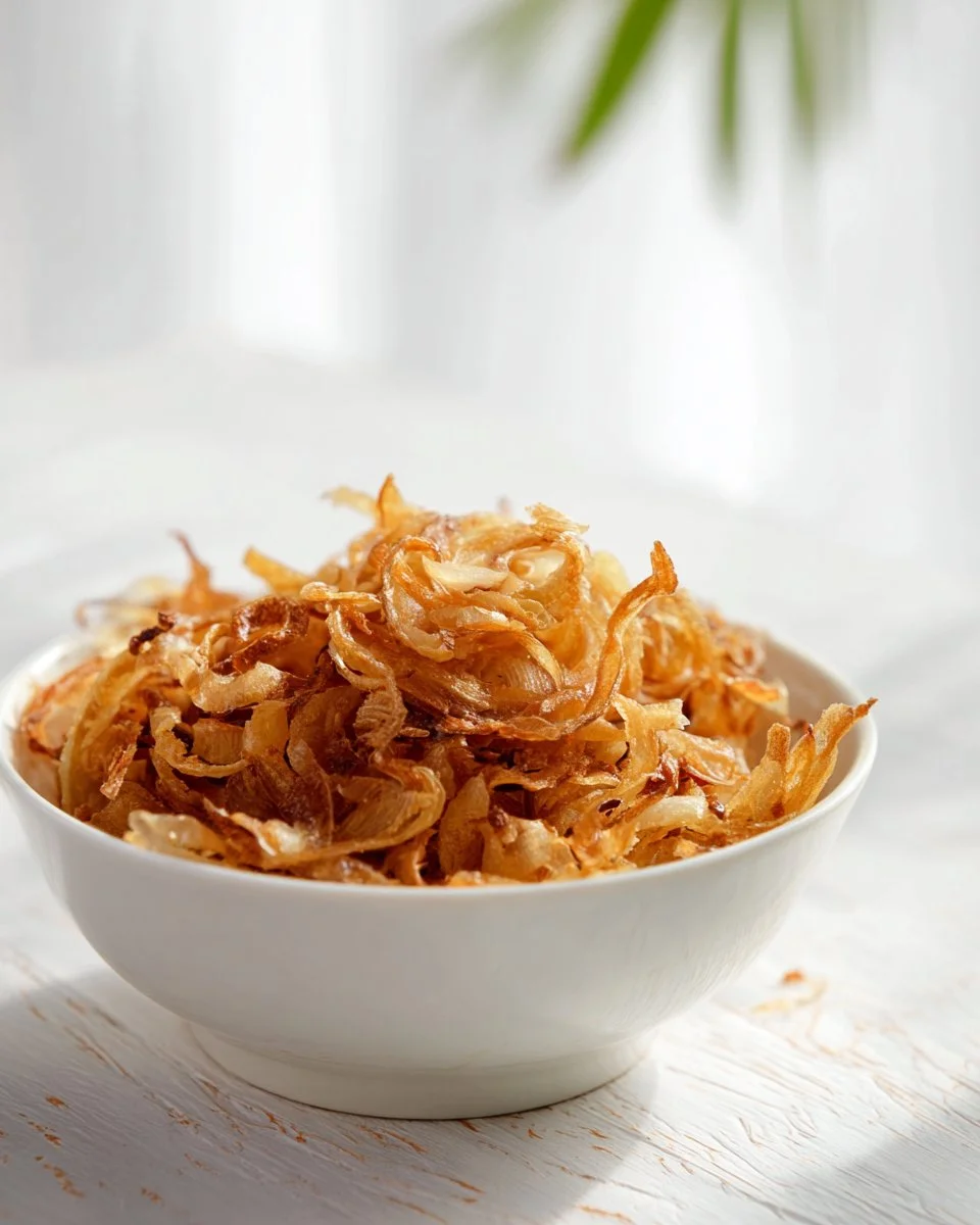 Bowl of crispy fried shallots for garnishing dishes