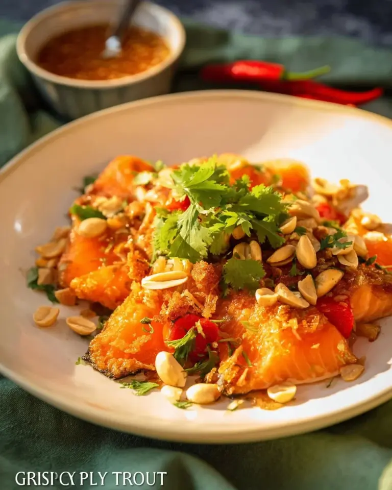 Plate of crispy garlic fish served with lemon and herbs