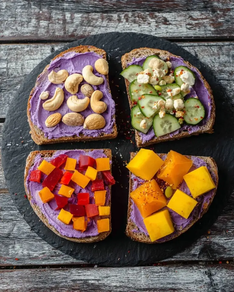 Plate of easy hummus toast topped with fresh vegetables