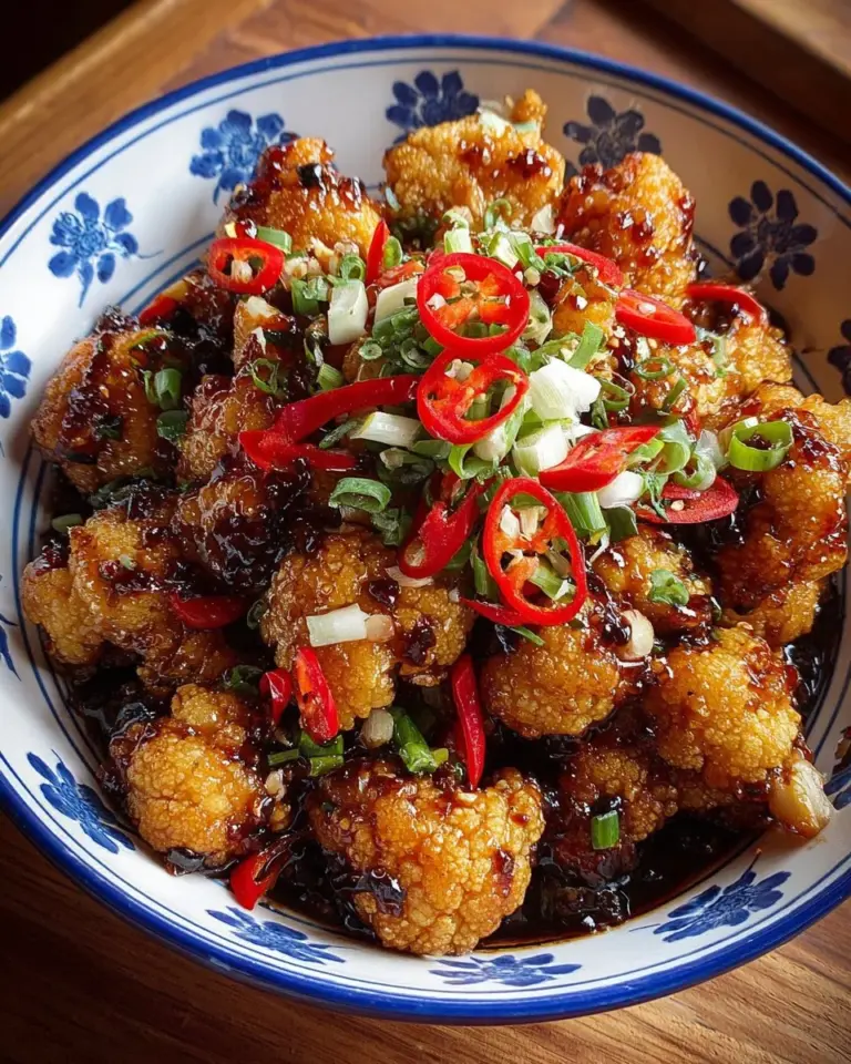 Bowl of General Tso's Cauliflower topped with sesame seeds and green onions
