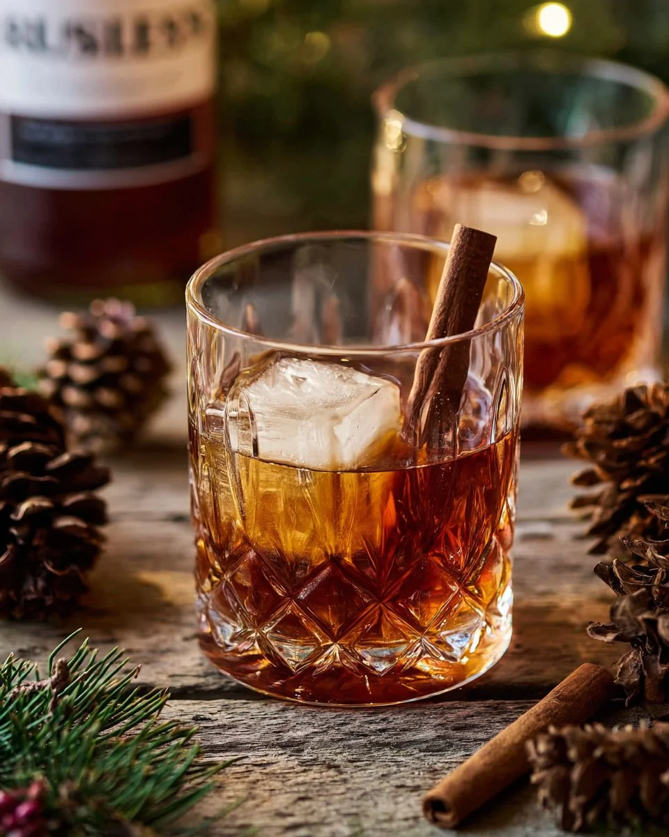 A festive Gingerbread Old Fashioned cocktail garnished with orange zest and cinnamon.