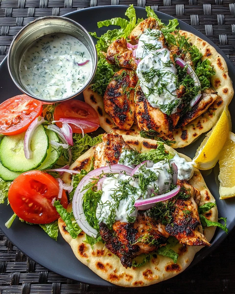 Greek Chicken Pitas with Tzatziki sauce served in a pita bread