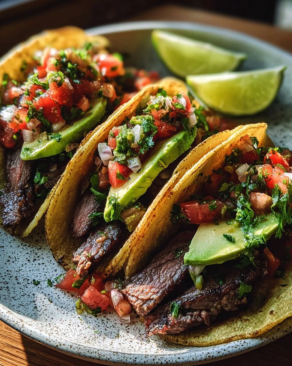 Delicious grilled steak tacos garnished with fresh avocado salsa.