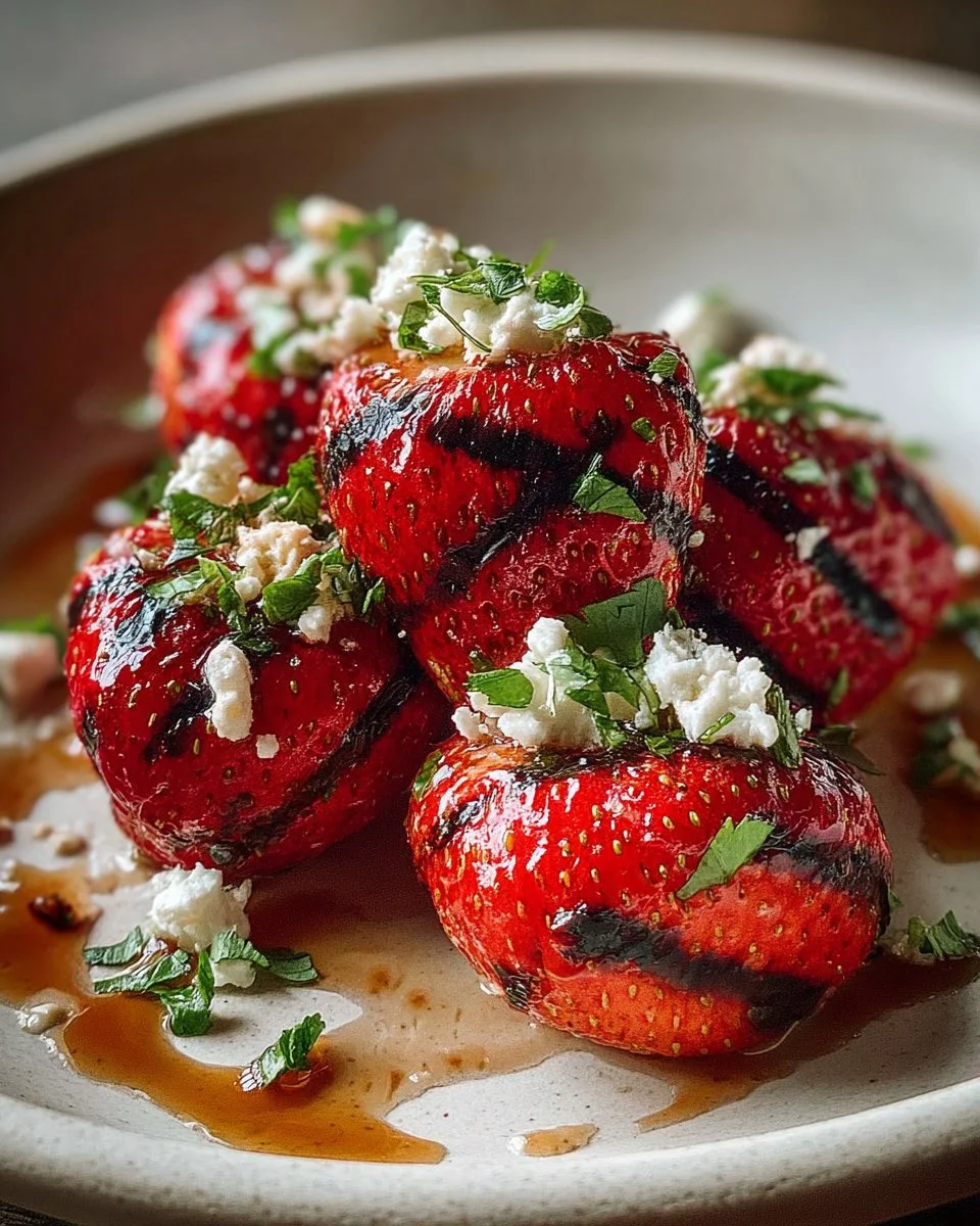 Grilled sweet and spicy deviled strawberries on a plate.