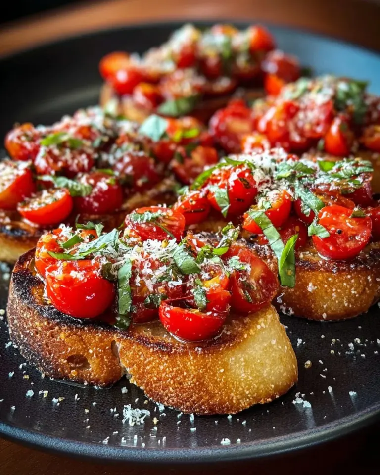 Grilled Tuscan garlic bruschetta topped with fresh tomatoes and basil