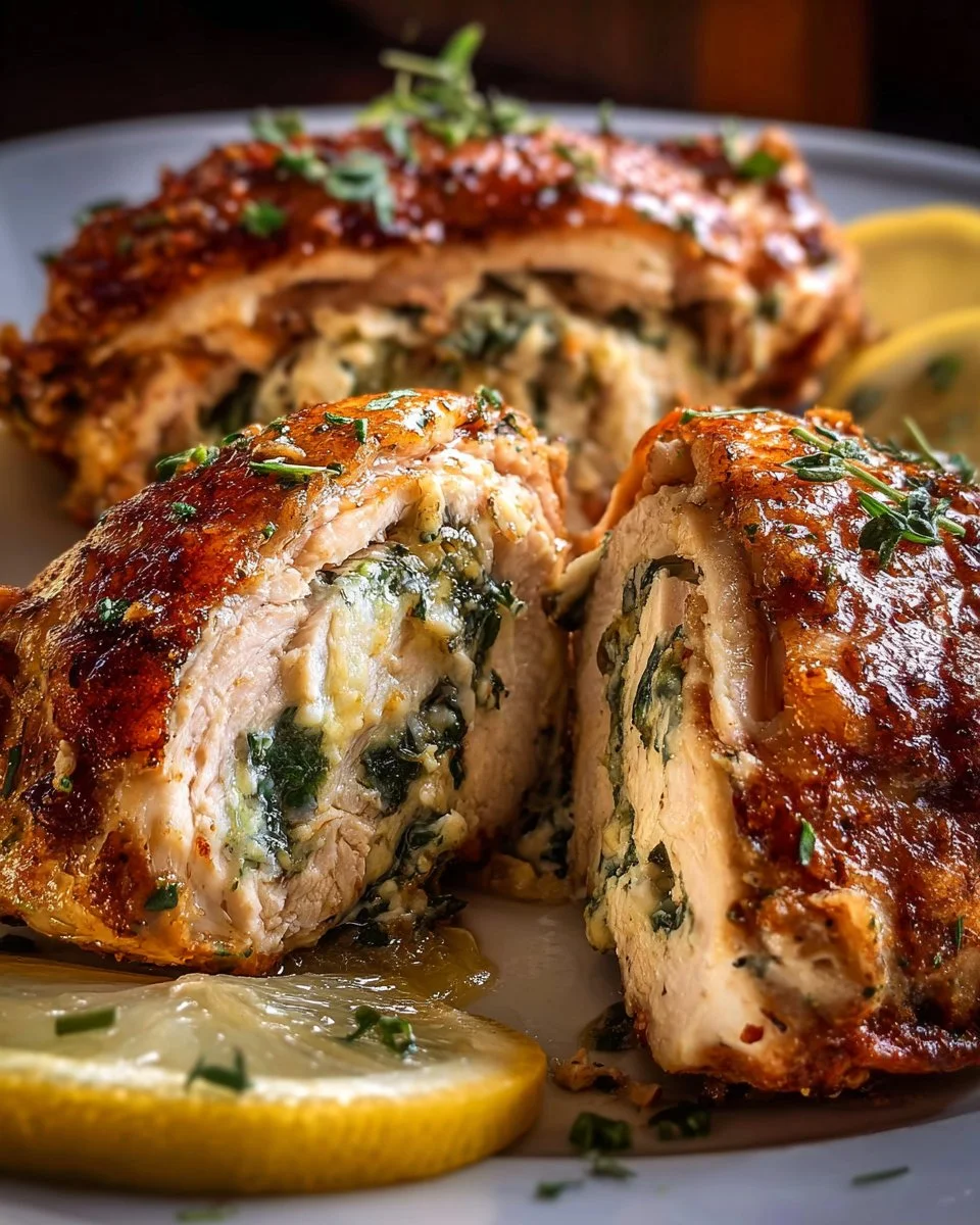 Herbed ricotta stuffed chicken rolls ready to serve