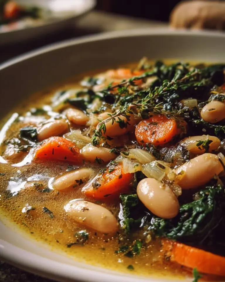 Bowl of high protein white bean soup with fresh herbs and ingredients