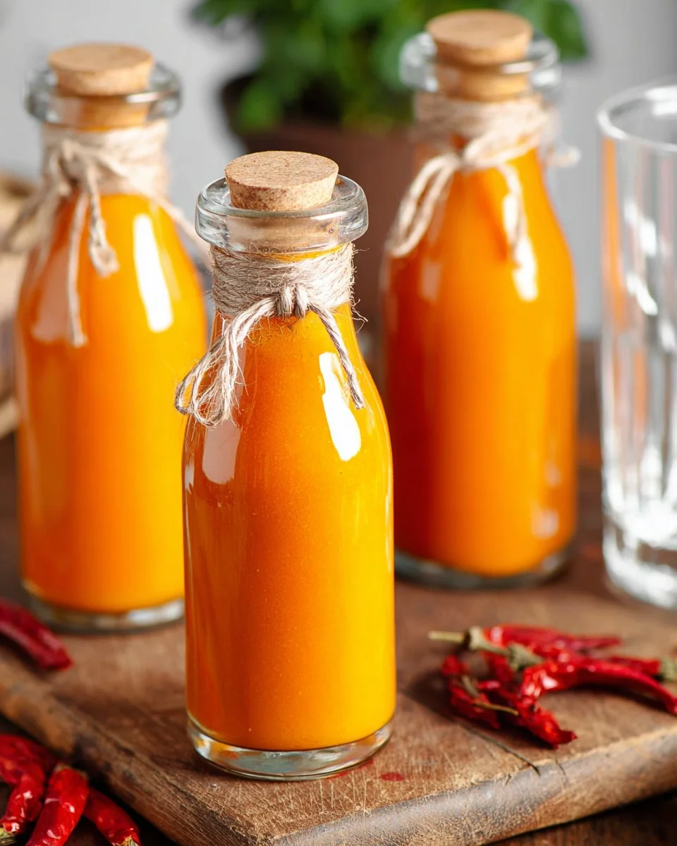 Homemade Sriracha sauce ingredients and finished product in a jar