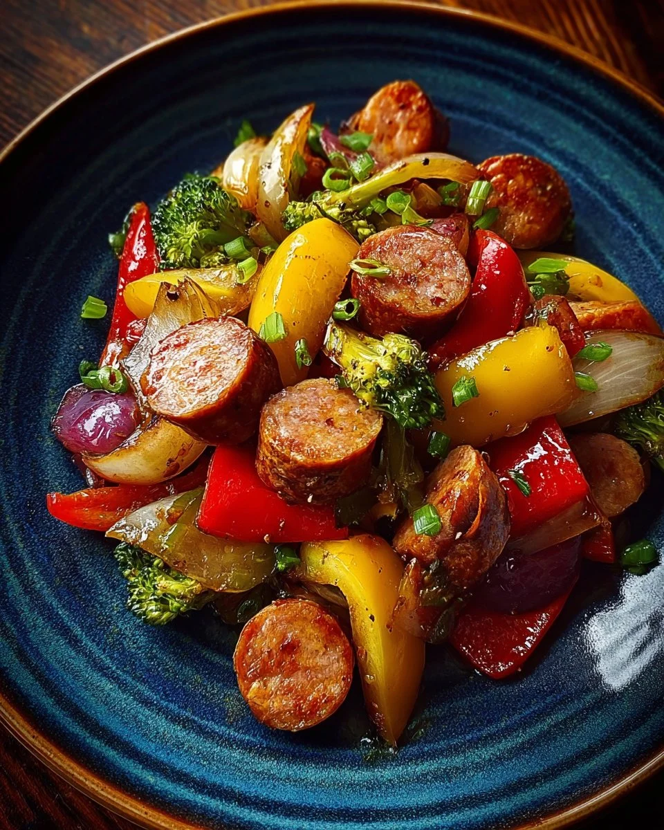 Honey Garlic Kielbasa served with colorful vegetables on a plate