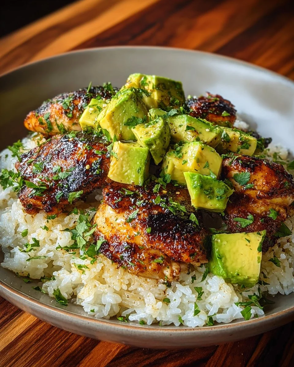 Honey Lime Chicken served with Avocado Rice on a vibrant plate