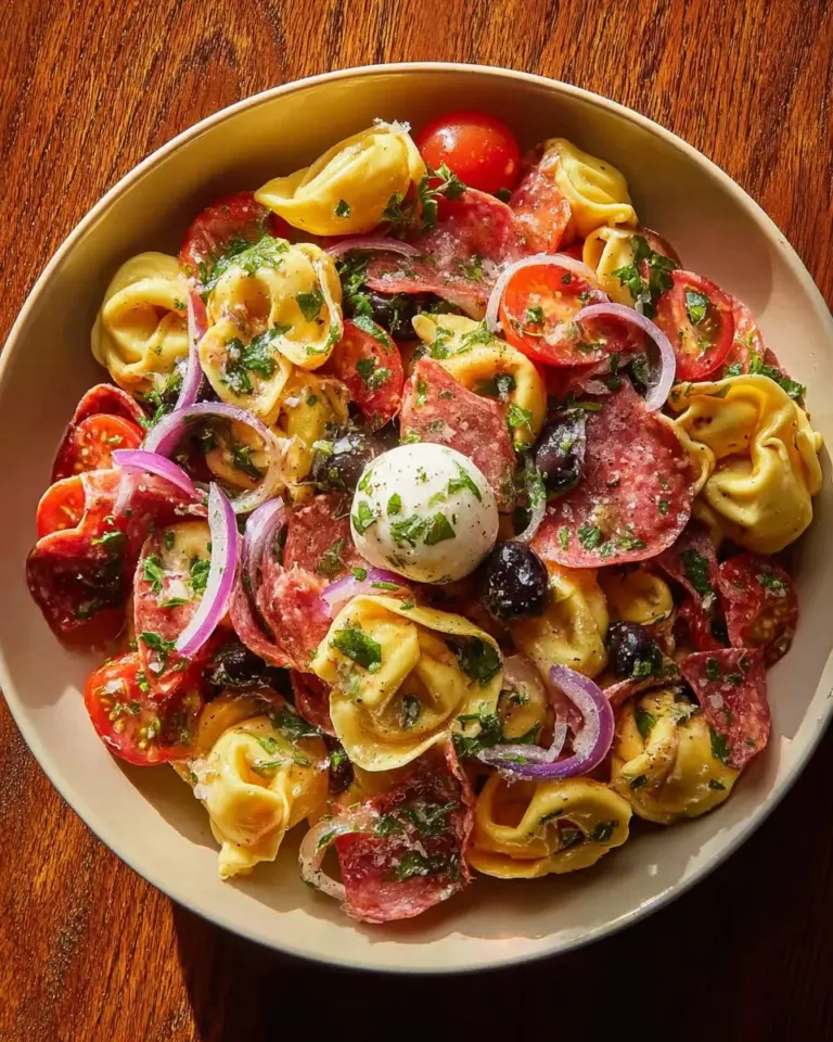 Italian Grinder Tortellini Salad with fresh vegetables and dressing