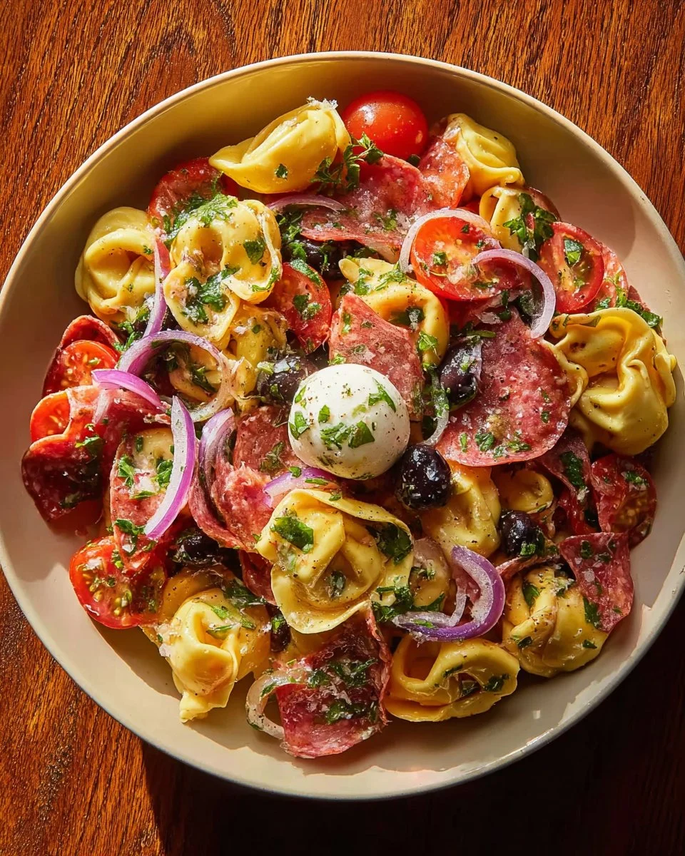 Italian Grinder Tortellini Salad with fresh vegetables and dressing