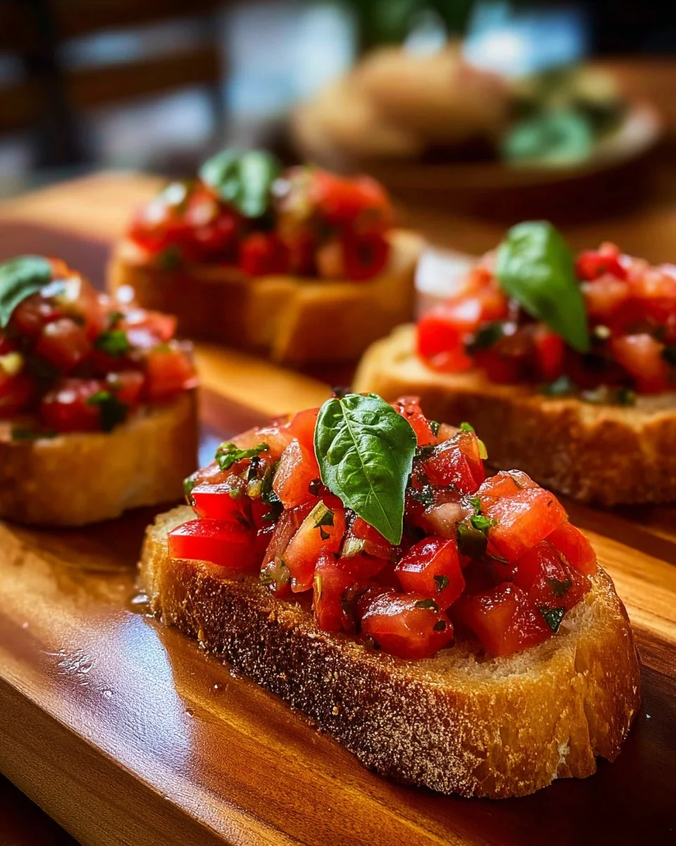 Delicious Italian Tomato Bruschetta with fresh tomatoes and basil