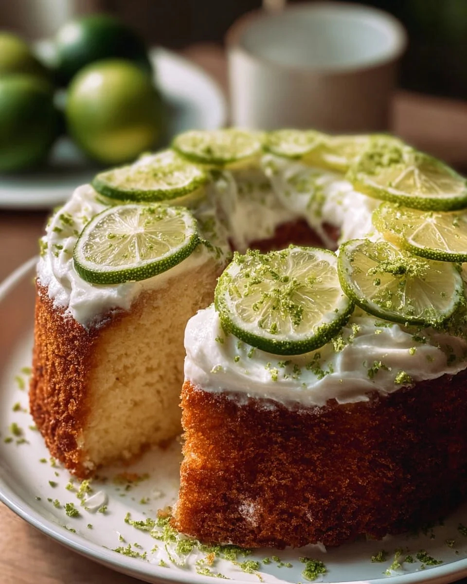 Key Lime Angel Food Cake with lime zest on top and a slice cut out