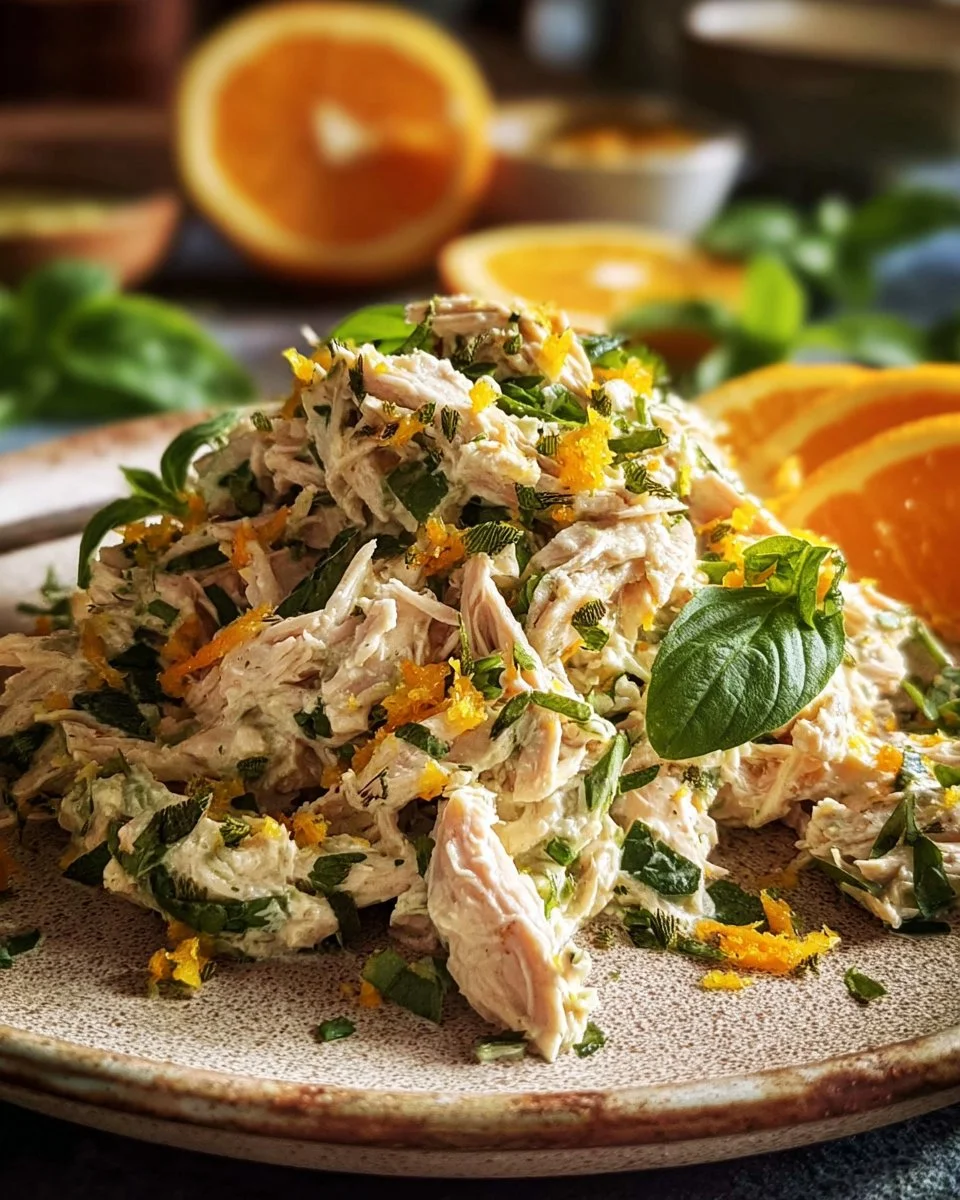 Lemon Basil Chicken Salad served in a bowl with vibrant greens and herbs