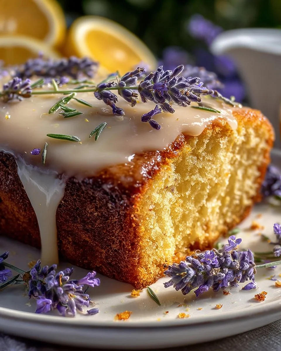 Lemon Lavender Cake with decorative icing and lavender flowers
