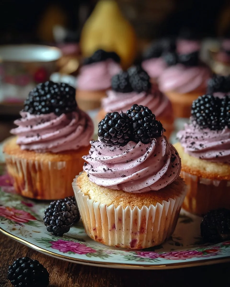 Lemon poppy seed cupcakes with blackberry frosting on a decorative plate.
