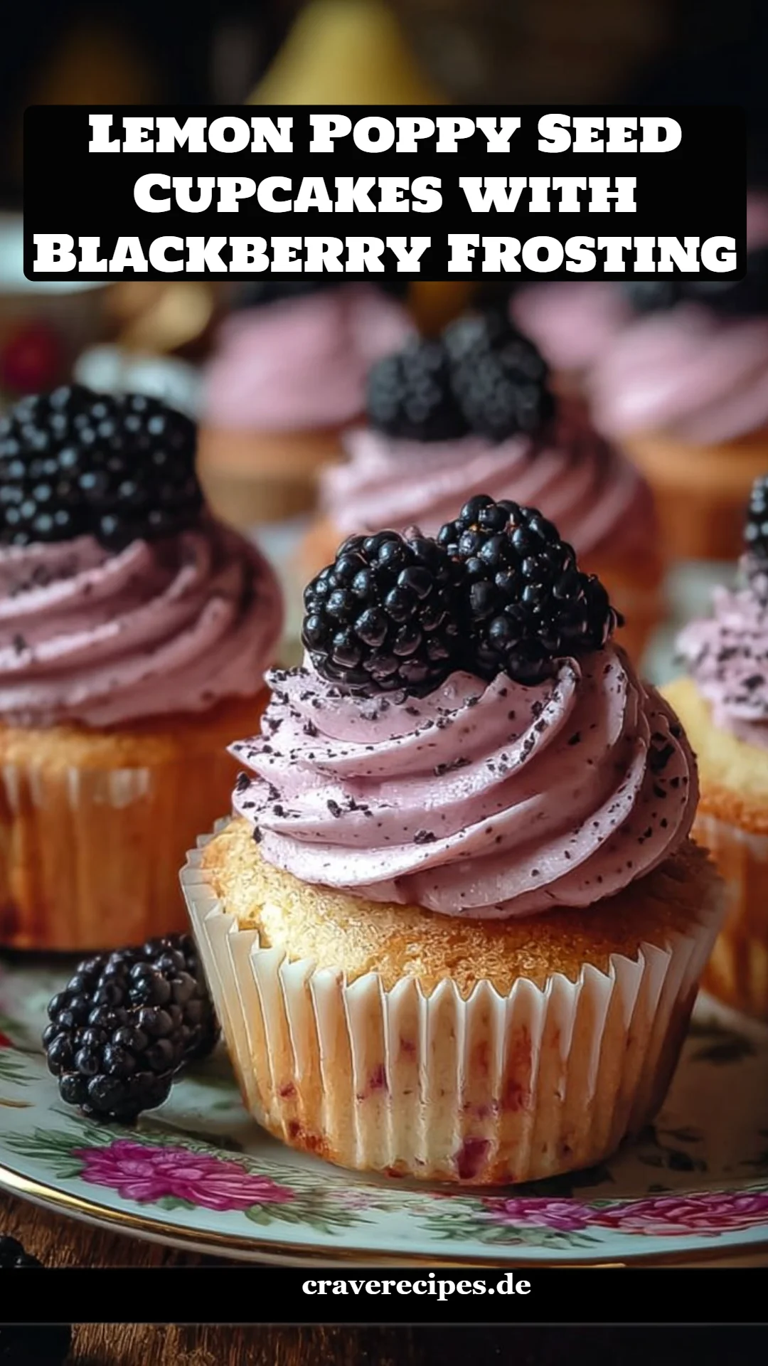 Lemon Poppy Seed Cupcakes with Blackberry Frosting