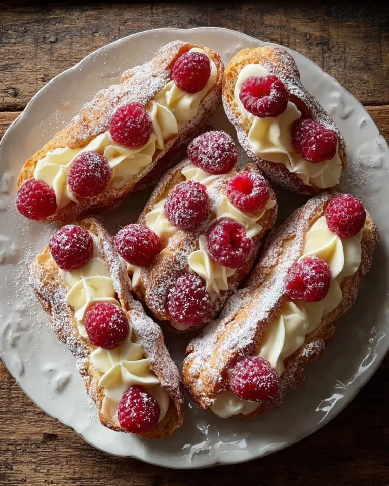 Lemon raspberry eclairs with creamy filling and fresh raspberries on top.