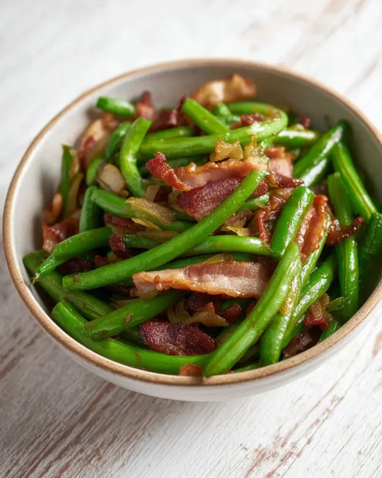 Delicious Long Bean Stir Fry with Bacon served in a bowl