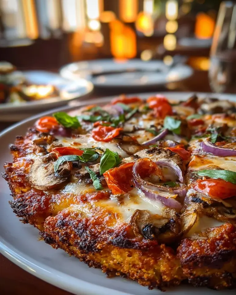 Low Carb Chicken Crust Pizza topped with fresh ingredients on a golden crust