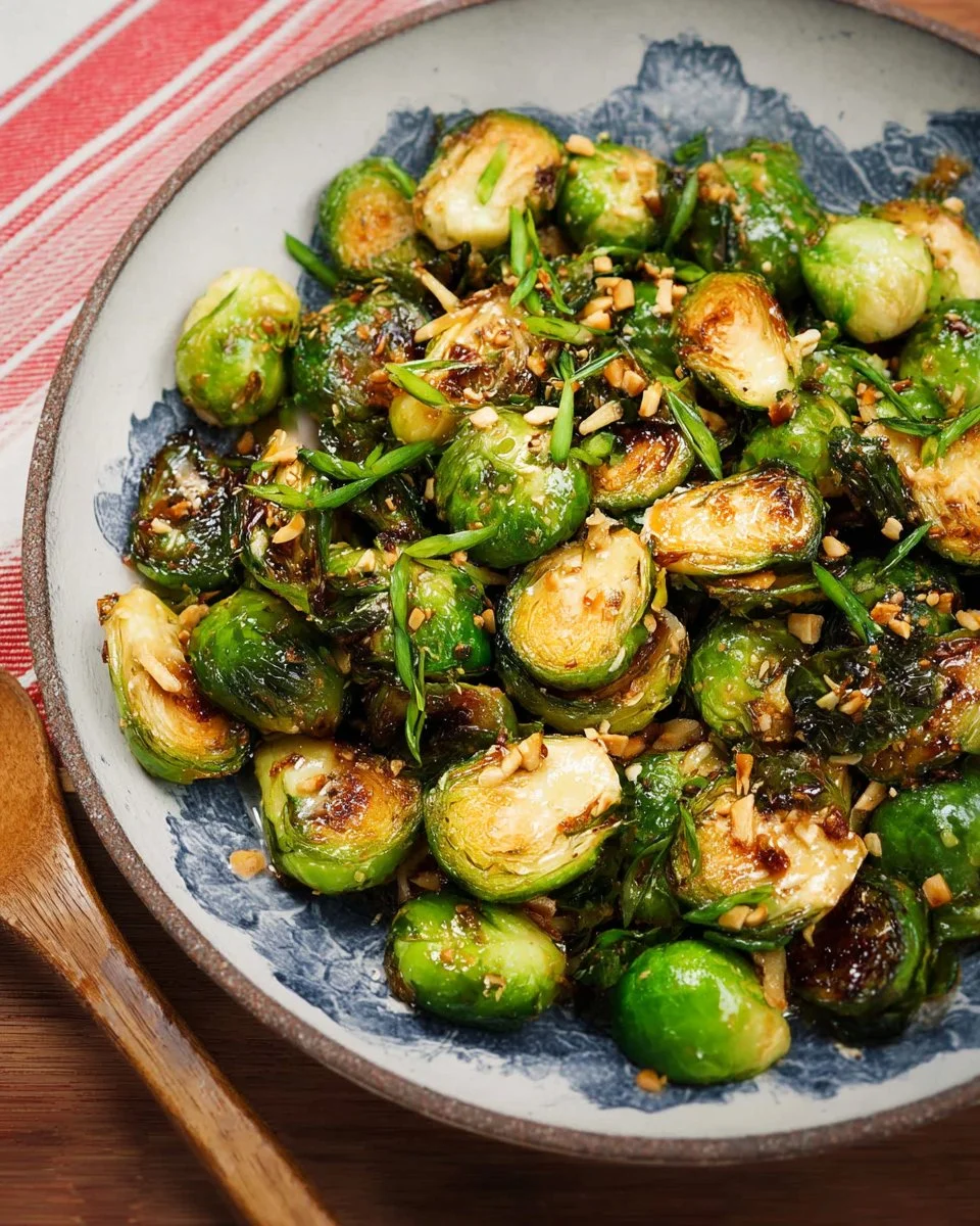 Maple Fish Sauce Brussels Sprouts served in a bowl